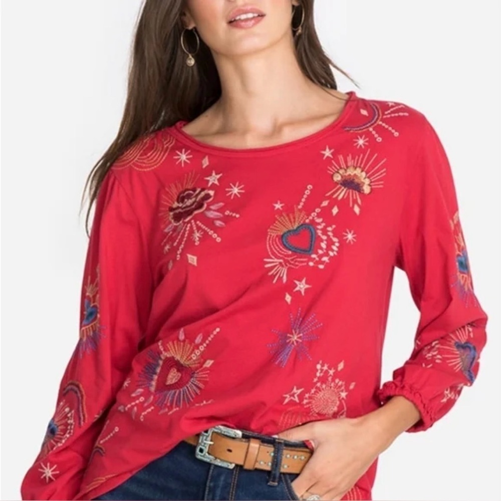 Johnny Was  NWT Victoria Puff Sleeve Embroidered Shirt Boho Red Size XXS